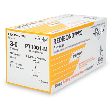 Nonabsorbable Suture with Needle Reli Polyester MC 3/8 Circle Precision Reverse Cutting Needle Size 3 - 0 Braided | MYCO Medical | Only at SurgiMac
