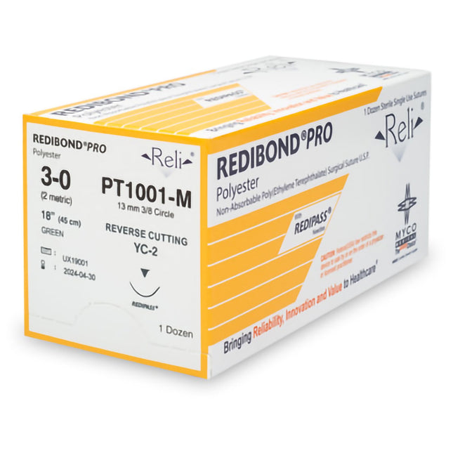 Nonabsorbable Suture with Needle Reli Polyester MC 3/8 Circle Precision Reverse Cutting Needle Size 3 - 0 Braided | PT1001-M | MYCO Medical | SurgiMac