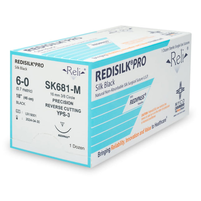 Nonabsorbable Suture with Needle Reli Redisilk Silk MPS-3 3/8 Circle Conventional Cutting Needle Size 6 - 0 Braided | SK681-M | MYCO Medical | SurgiMac