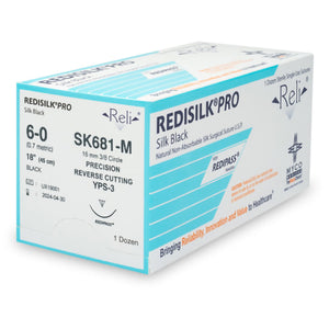 Nonabsorbable Suture with Needle Reli Redisilk Silk MPS-3 3/8 Circle Conventional Cutting Needle Size 6 - 0 Braided SK681-M