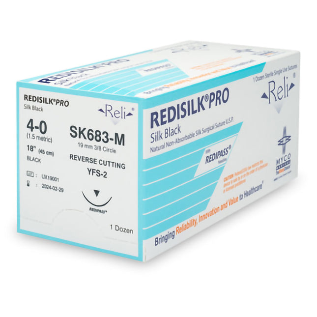 Nonabsorbable Suture with Needle Reli Redisilk Silk MFS-2 3/8 Circle Reverse Cutting Needle Size 4 - 0 Braided | SK683-M | MYCO Medical | SurgiMac