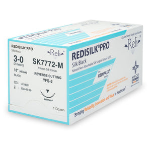 Nonabsorbable Suture with Needle Reli Redisilk Silk MFS-2 3/8 Circle Reverse Cutting Needle Size 3 - 0 Braided SK7772-M