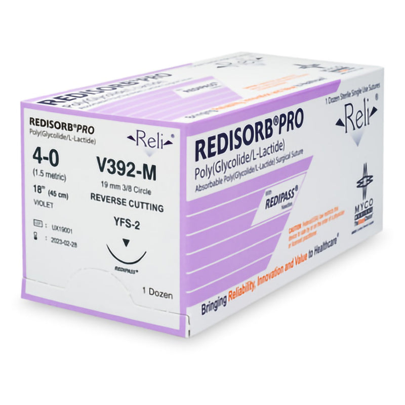 MYCO Absorbable Suture with Needle Reli Redisorb Polyglycolic Acid C-6 3/8 Circle Reverse Cutting Needle Size 4 - 0 Braided V392-M