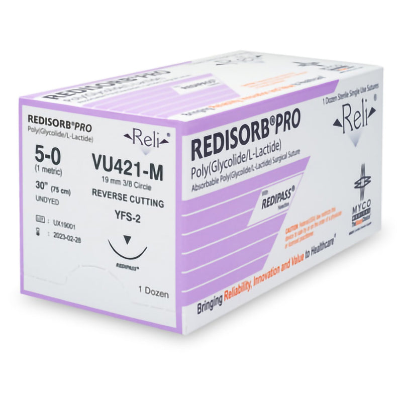 Absorbable Suture with Needle Reli Redisorb Polyglycolic Acid MFS-2 3/8 Circle Reverse Cutting Needle Size 5 - 0 Braided VU421-M