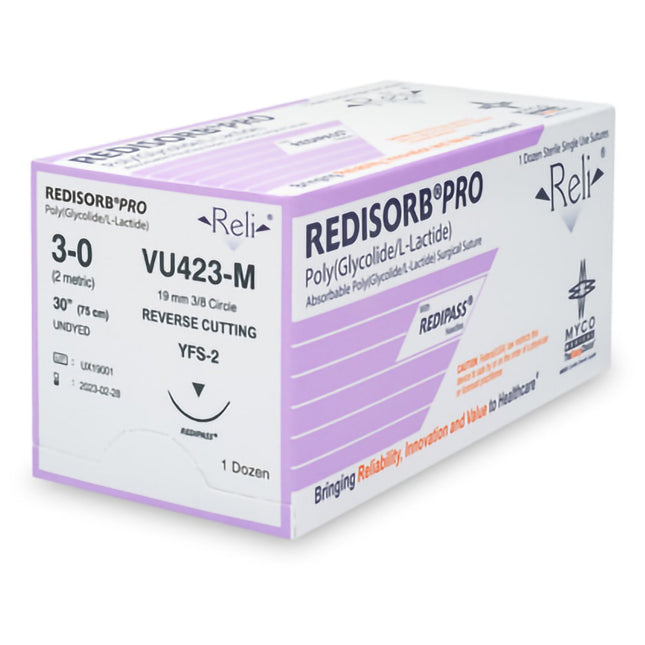 Absorbable Suture with Needle Reli Redisorb Polyglycolic Acid MFS-2 3/8 Circle Reverse Cutting Needle Size 3 - 0 Braided | VU423-M | MYCO Medical | SurgiMac