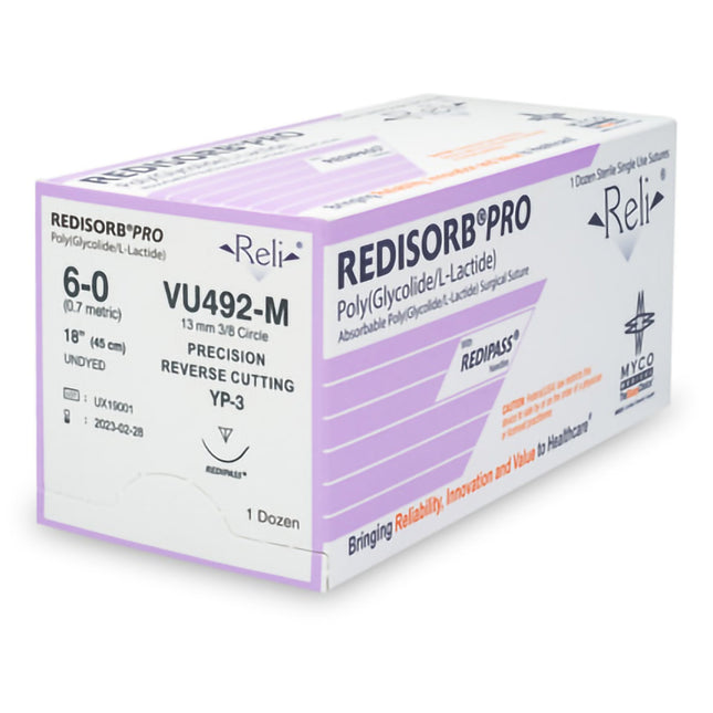 Absorbable Suture with Needle Reli Redisorb Polyglycolic Acid MP-3 3/8 Circle Precision Reverse Cutting Needle Size 6 - 0 Braided | VU492-M | MYCO Medical | SurgiMac