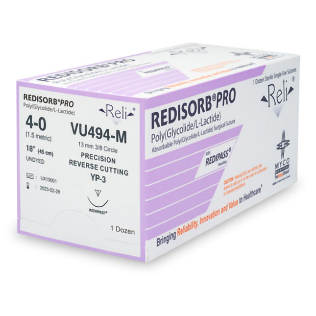 Absorbable Suture with Needle Reli Redisorb Polyglycolic Acid C-3 3/8 Circle Precision Reverse Cutting Needle Size 4 - 0 Braided | VU494-M | MYCO Medical | SurgiMac