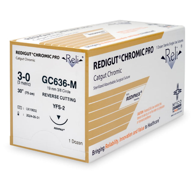 Absorbable Suture with Needle Reli Chromic Gut MFFS-2 3/8 Circle Reverse Cutting Needle Size 3 - 0 | GC636-M | MYCO Medical | SurgiMac