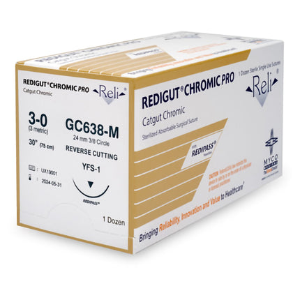 Absorbable Suture with Needle Rel Chromic Gut MFFS-1 3/8 Circle Reverse Cutting Needle Size 3 - 0 | MYCO Medical | Only at SurgiMac