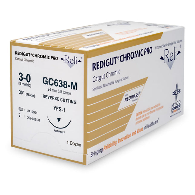 Absorbable Suture with Needle Rel Chromic Gut MFFS-1 3/8 Circle Reverse Cutting Needle Size 3 - 0 | GC638-M | MYCO Medical | SurgiMac