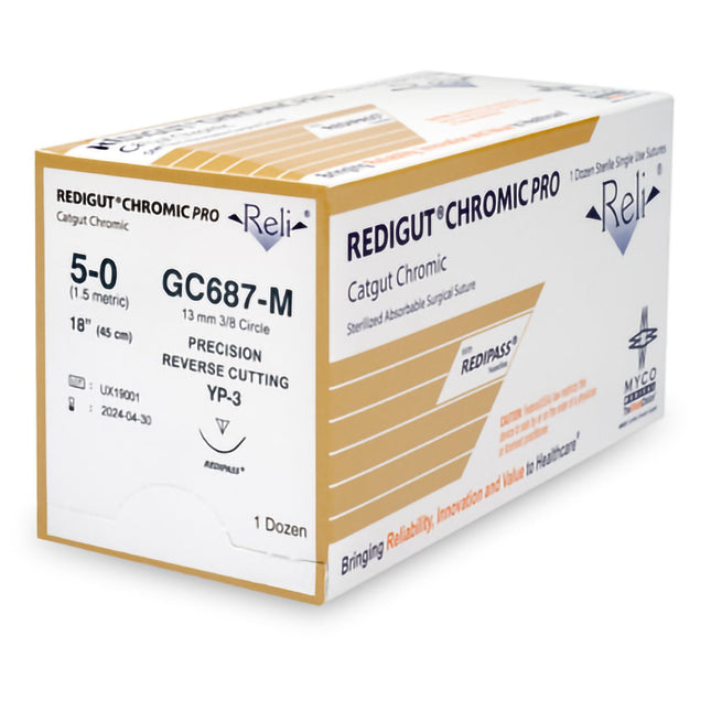 Absorbable Suture with Needle Reli Chromic Gut MP-3 3/8 Circle Precision Reverse Cutting Needle Size 5 - 0 | GC687-M | MYCO Medical | SurgiMac