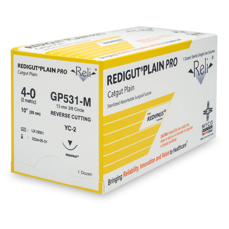 Absorbable Suture with Needle Reli Plain Gut MC 3/8 Circle Reverse Cutting Needle Size 4 - 0 GP531-M