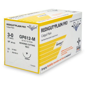 Absorbable Suture with Needle Reli Plain Gut MX-1 1/2 Circle Reverse Cutting Needle Size 3 - 0 GP612-M
