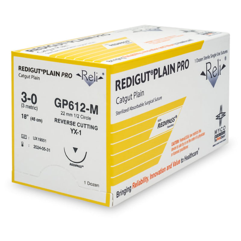 Absorbable Suture with Needle Reli Plain Gut MX-1 1/2 Circle Reverse Cutting Needle Size 3 - 0 GP612-M