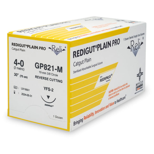 Absorbable Suture with Needle Reli Plain Gut MFS-2 3/8 Circle Reverse Cutting Needle Size 4 - 0 | GP821-M | MYCO Medical | SurgiMac