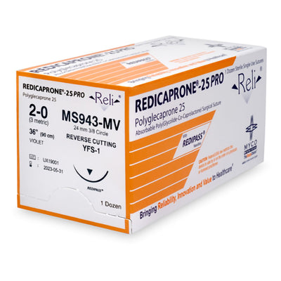 Absorbable Suture with Needle Reli Poliglecaprone MFS-1 3/8 Circle Reverse Cutting Needle Size 2 - 0 Monofilament