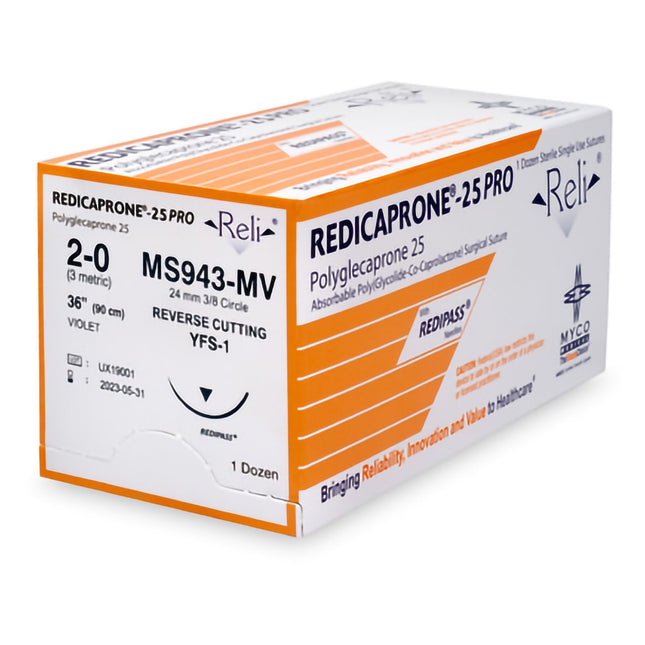 Absorbable Suture with Needle Reli Poliglecaprone MFS-1 3/8 Circle Reverse Cutting Needle Size 2 - 0 Monofilament | MS943-MV | MYCO Medical | SurgiMac