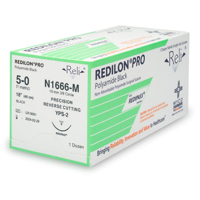 Nonabsorbable Suture with Needle Reli Redilon Nylon MPS-2 3/8 Circle Precision Reverse Cutting Needle Size 5 - 0 Monofilament | N1666-M | MYCO Medical | SurgiMac