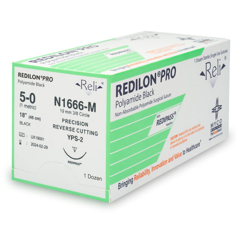 Nonabsorbable Suture with Needle Reli Redilon Nylon MPS-2 3/8 Circle Precision Reverse Cutting Needle Size 5 - 0 Monofilament N1666-M