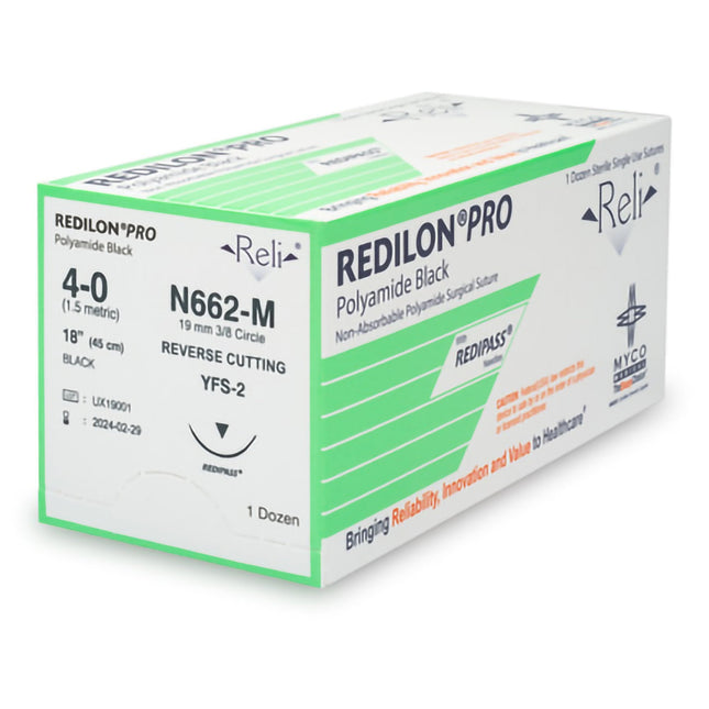 Nonabsorbable Suture with Needle Reli Redilon Nylon MFS-2 3/8 Circle Reverse Cutting Needle Size 4 - 0 Monofilament | N662-M | MYCO Medical | SurgiMac