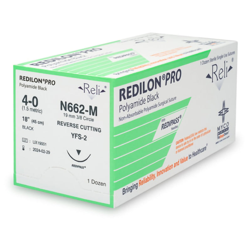 Nonabsorbable Suture with Needle Reli Redilon Nylon MFS-2 3/8 Circle Reverse Cutting Needle Size 4 - 0 Monofilament N662-M