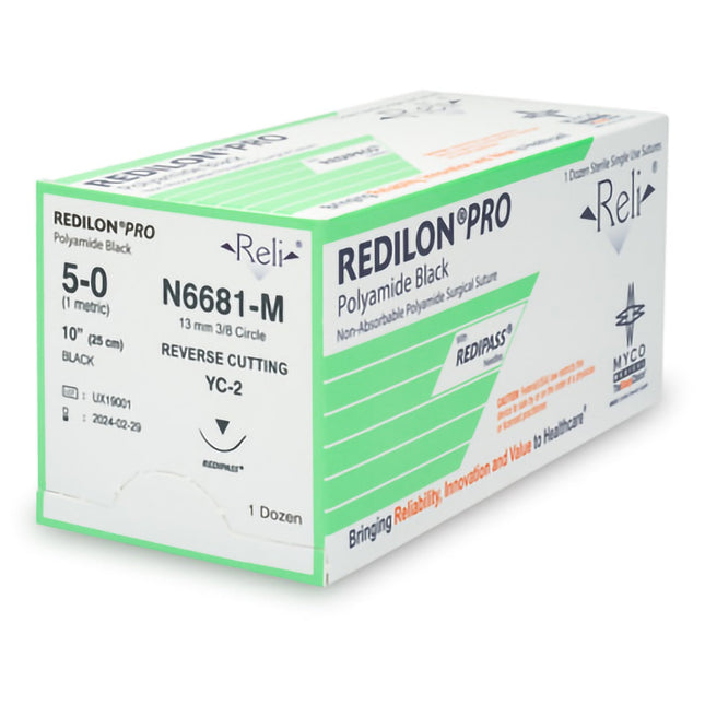 Nonabsorbable Suture with Needle Reli Redilon Nylon MC 3/8 Circle Reverse Cutting Needle Size 5 - 0 Monofilament | N6681-M | MYCO Medical | SurgiMac