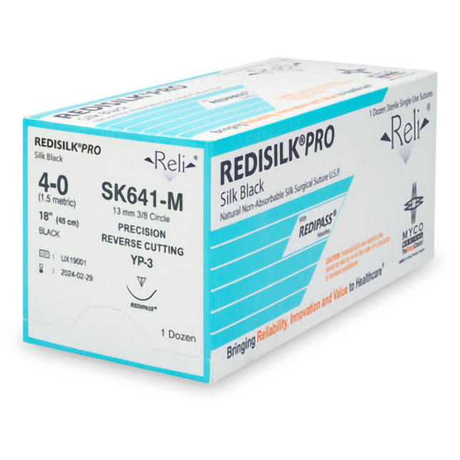 Nonabsorbable Suture with Needle Reli® Redisilk™ Silk MC 3/8 Circle Precision Reverse Cutting Needle Size 4 - 0 Braided | SK641-M | MYCO Medical | SurgiMac