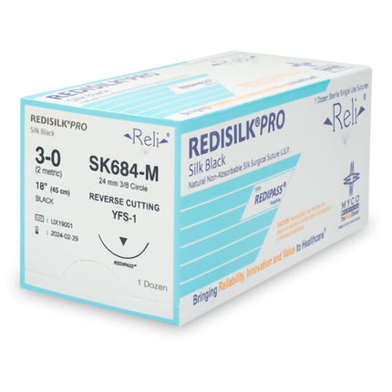 Nonabsorbable Suture with Needle Reli Redisilk Silk MFS-1 3/8 Circle Reverse Cutting Needle Size 3 - 0 Braided | MYCO Medical | Only at SurgiMac
