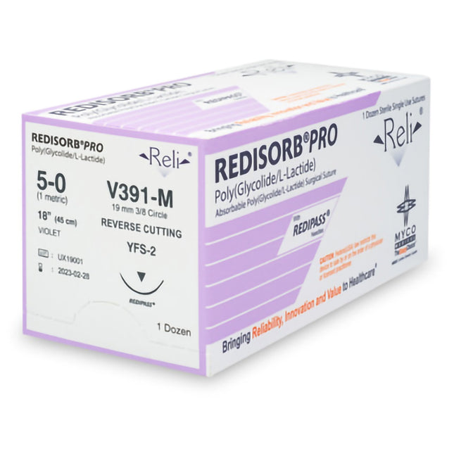 Absorbable Suture with Needle Reli Redisorb Polyglycolic Acid C-6 3/8 Circle Reverse Cutting Needle Size 5 - 0 Braided | V391-M | MYCO Medical | SurgiMac