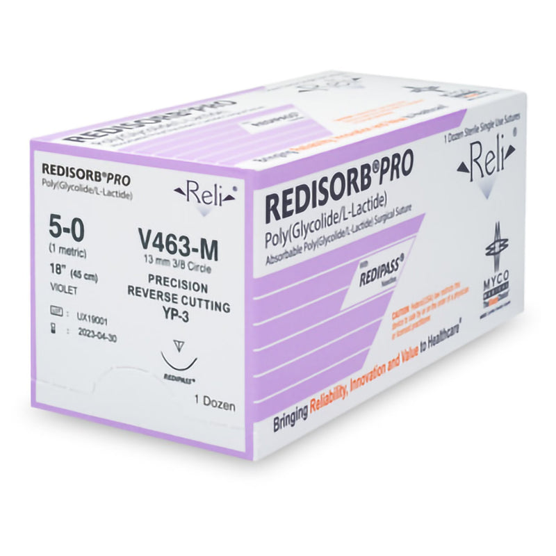 Absorbable Suture with Needle Reli Redisorb Polyglycolic Acid MP-3 3/8 Circle Precision Reverse Cutting Needle Size 5 - 0 Braided V463-M