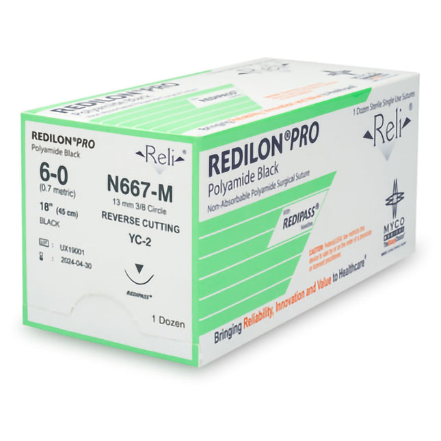 Nonabsorbable Suture with Needle Reli Redilon Nylon MC 3/8 Circle Reverse Cutting Needle Size 6 - 0 Monofilament | N667-M | MYCO Medical | SurgiMac