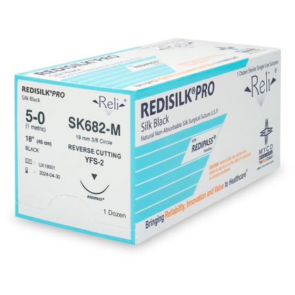 Nonabsorbable Suture with Needle Reli Redisilk Silk MFS-2 3/8 Circle Reverse Cutting Needle Size 5 - 0 Braided