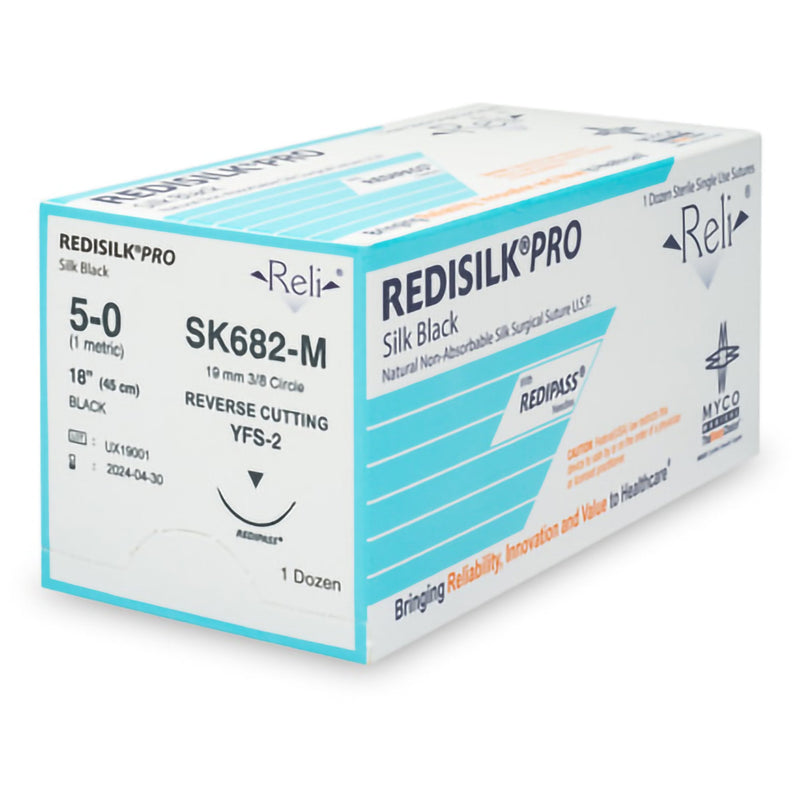 Nonabsorbable Suture with Needle Reli Redisilk Silk MFS-2 3/8 Circle Reverse Cutting Needle Size 5 - 0 Braided SK682-M