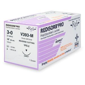 Absorbable Suture with Needle Reli Redisorb Polyglycolic Acid MFS-2 3/8 Circle Reverse Cutting Needle Size 3 - 0 Braided V393-M
