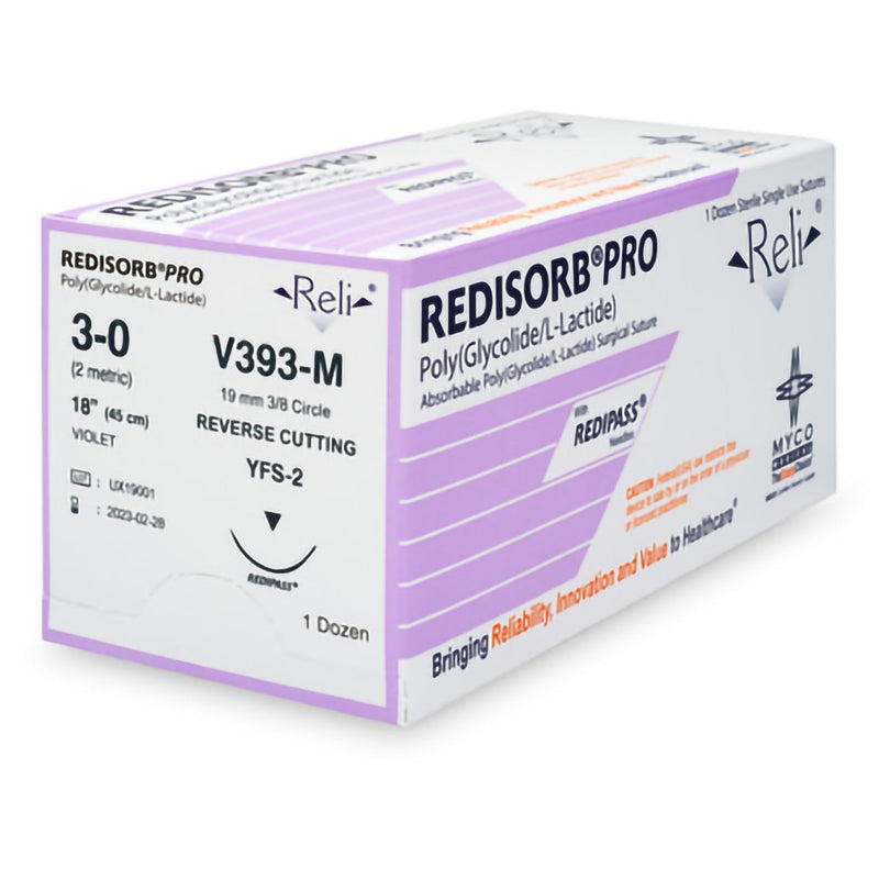 Absorbable Suture with Needle Reli Redisorb Polyglycolic Acid MFS-2 3/8 Circle Reverse Cutting Needle Size 3 - 0 Braided V393-M
