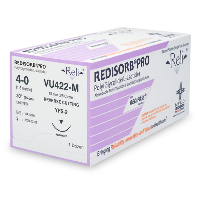 Absorbable Suture with Needle Reli Redisorb Polyglycolic Acid MFS-2 3/8 Circle Reverse Cutting Needle Size 4 - 0 Braided | VU422-M | MYCO Medical | SurgiMac