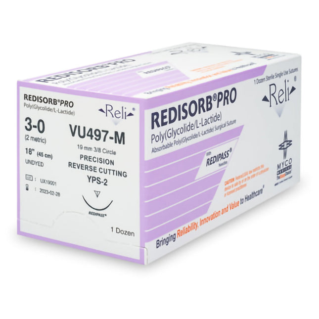 Absorbable Suture with Needle Reli Redisorb Polyglycolic Acid MPS-2 3/8 Circle Precision Reverse Cutting Needle Size 3 - 0 Braided | VU497-M | MYCO Medical | SurgiMac