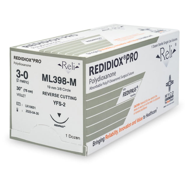 Absorbable Suture with Needle Reli Polydioxanone MFS-2 3/8 Circle Reverse Cutting Needle Size 3 - 0 Monofilament | ML398-M | MYCO Medical | SurgiMac