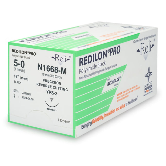 Nonabsorbable Suture with Needle Reli Redilon Nylon MPS-3 3/8 Circle Conventional Cutting Needle Size 5 - 0 Monofilament | N1668-M | MYCO Medical | SurgiMac