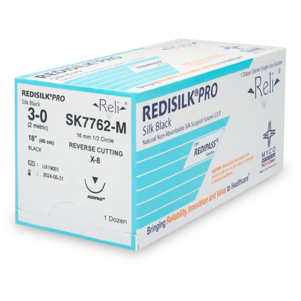 Nonabsorbable Suture with Needle Reli Redisilk Silk MJ-1 1/2 Circle Reverse Cutting Needle Size 3 - 0 Braided