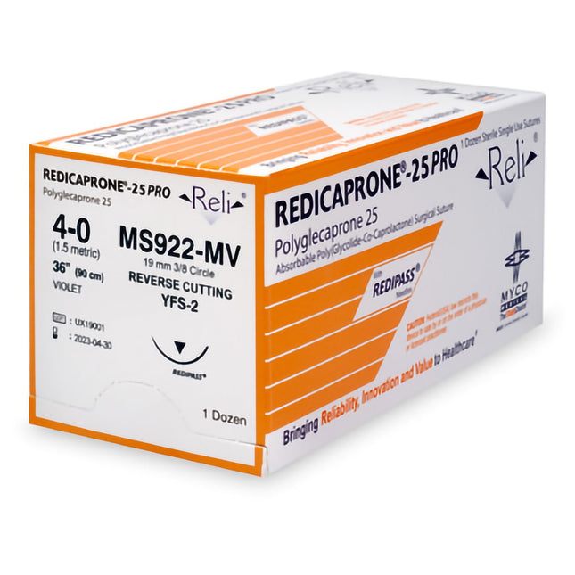 Absorbable Suture with Needle Reli Poliglecaprone MSH-2 3/8 Circle Reverse Cutting Needle Size 4 - 0 Monofilament | MS922-MV | MYCO Medical | SurgiMac