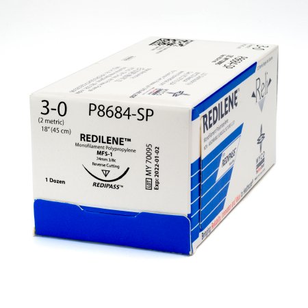 Nonabsorbable Suture with Needle Reli Redilene Polypropylene MFS-1 3/8 Circle Reverse Cutting Needle Size 3 - 0 Monofilament | P8684-M | MYCO Medical | SurgiMac