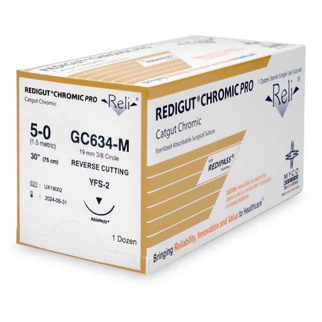 Absorbable Suture with Needle Reli Chromic Gut C-6 3/8 Circle Reverse Cutting Needle Size 5 - 0 | GC634-M | MYCO Medical | SurgiMac