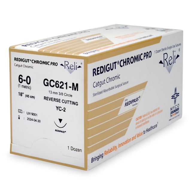 Absorbable Suture with Needle Reli Chromic Gut C-3 3/8 Circle Precision Reverse Cutting Needle Size 6 - 0 | GC621-M | MYCO Medical | SurgiMac