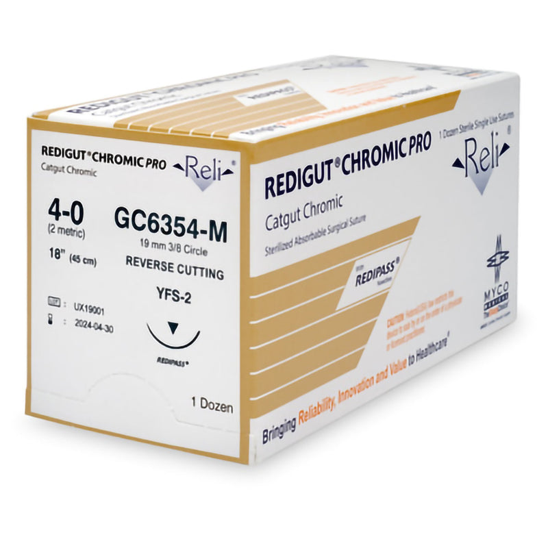 Absorbable Suture with Needle Reli Chromic Gut C-6 3/8 Circle Reverse Cutting Needle Size 4 - 0 GC6354-M
