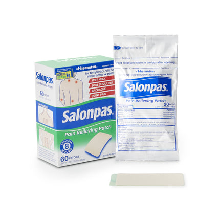 Topical Pain Relief Salonpas® 3.1% - 6% - 10% Strength Camphor / Menthol / Methyl Salicylate Patch 60 per Box | 46581011060 | | Emerson Healthcare, Pain Relief Starter Kit | Emerson Healthcare | SurgiMac