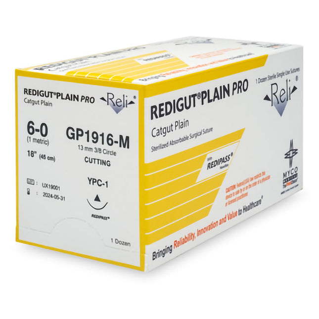 Absorbable Suture with Needle Reli Plain Gut YPC-1 3/8 Circle Reverse Cutting Needle Size 6 - 0 | GP1916-M | MYCO Medical | SurgiMac