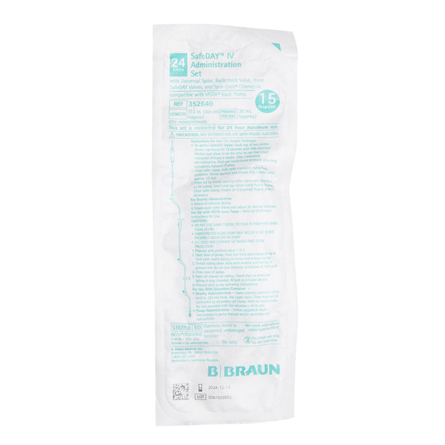 B. Braun Medical | Primary IV Administration Set SafeDay Gravity 3 Ports 15 Drops / mL Drip Rate Without Filter 112 Inch Tubing Solution | 352640