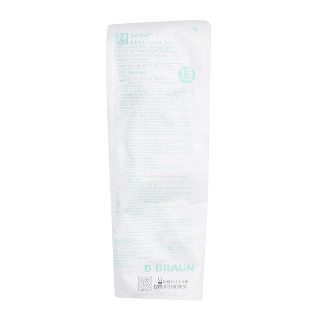 B. Braun Medical | Primary IV Administration Set SafeDay 24 Hour Gravity 2 Ports 15 Drops / mL Drip Rate 0.2 Micron Filter 104 Inch Tubing Solution | 352643