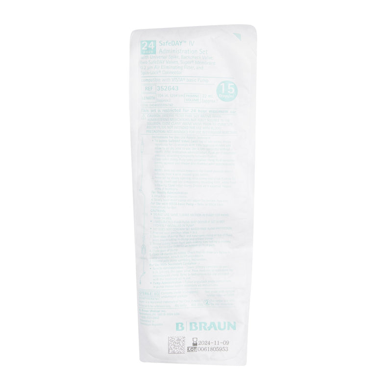 Primary IV Administration Set SafeDay 24 Hour Gravity 2 Ports 15 Drops / mL Drip Rate 0.2 Micron Filter 104 Inch Tubing Solution 352643